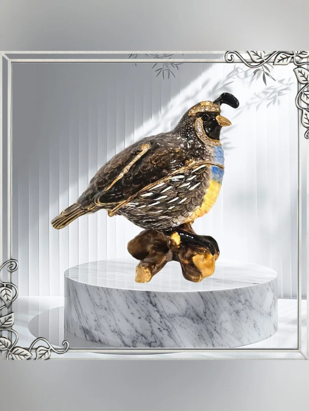 Bejeweled Quail Bird Perched On A Log Trinket Box